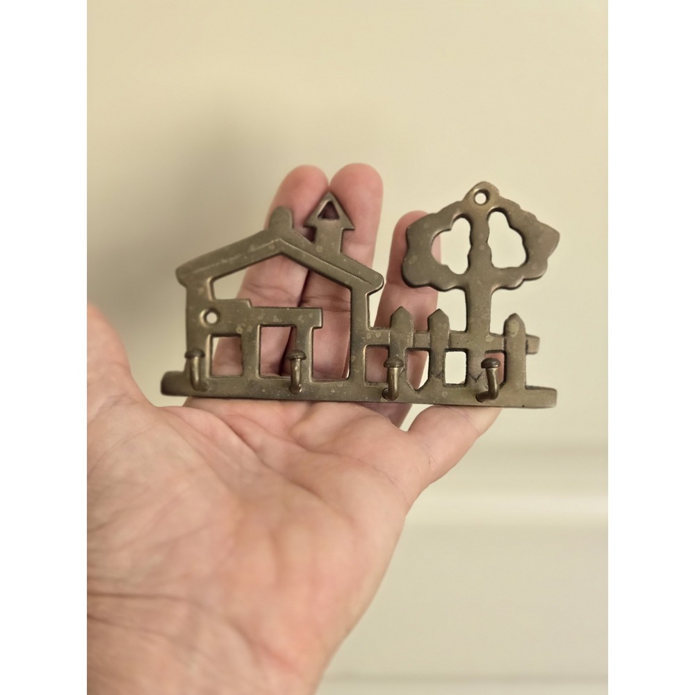 Vintage Brass Wall Mount Key Holder House & Tree w/ Fence Design Home Warming